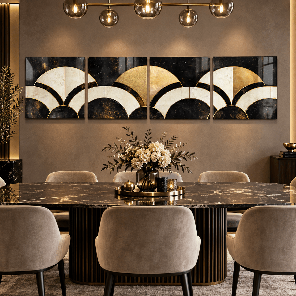 Black and gold Art Deco fan 4-piece glass wall art above a marble dining table